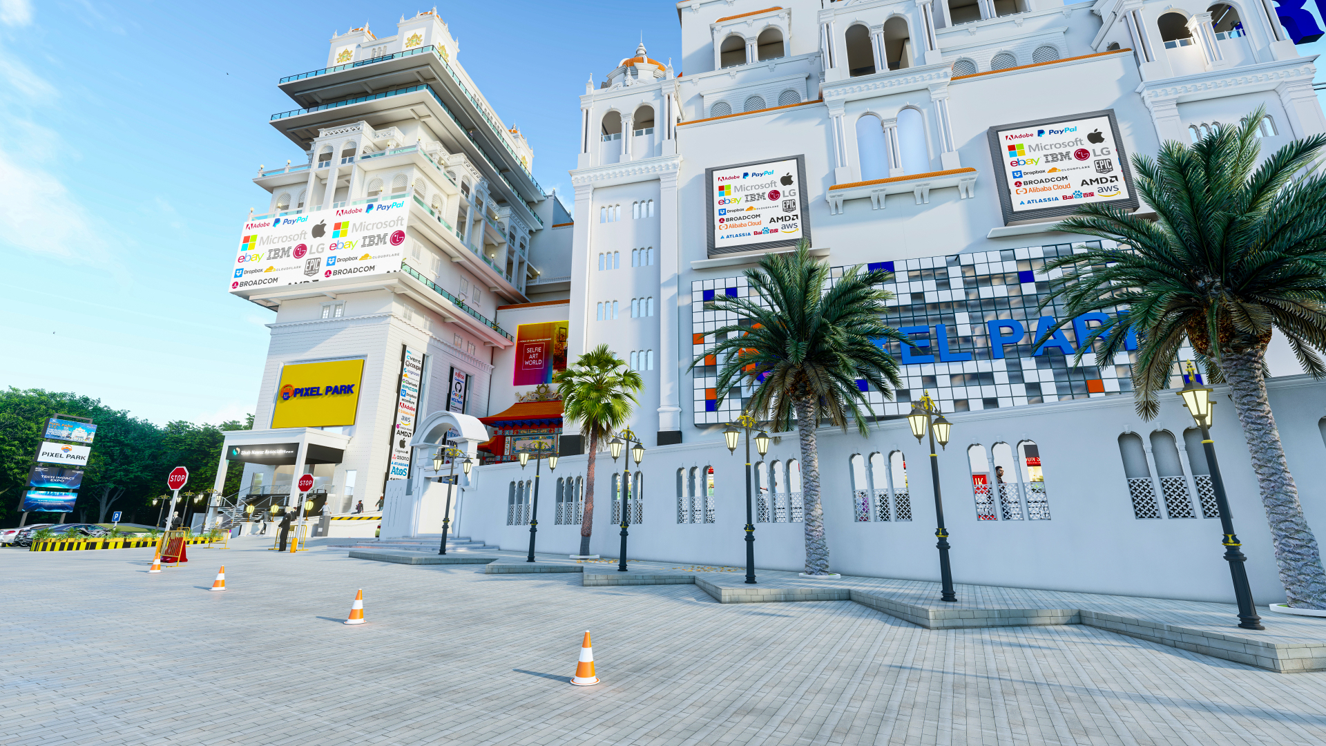Pixel Park campus rendering at sunset